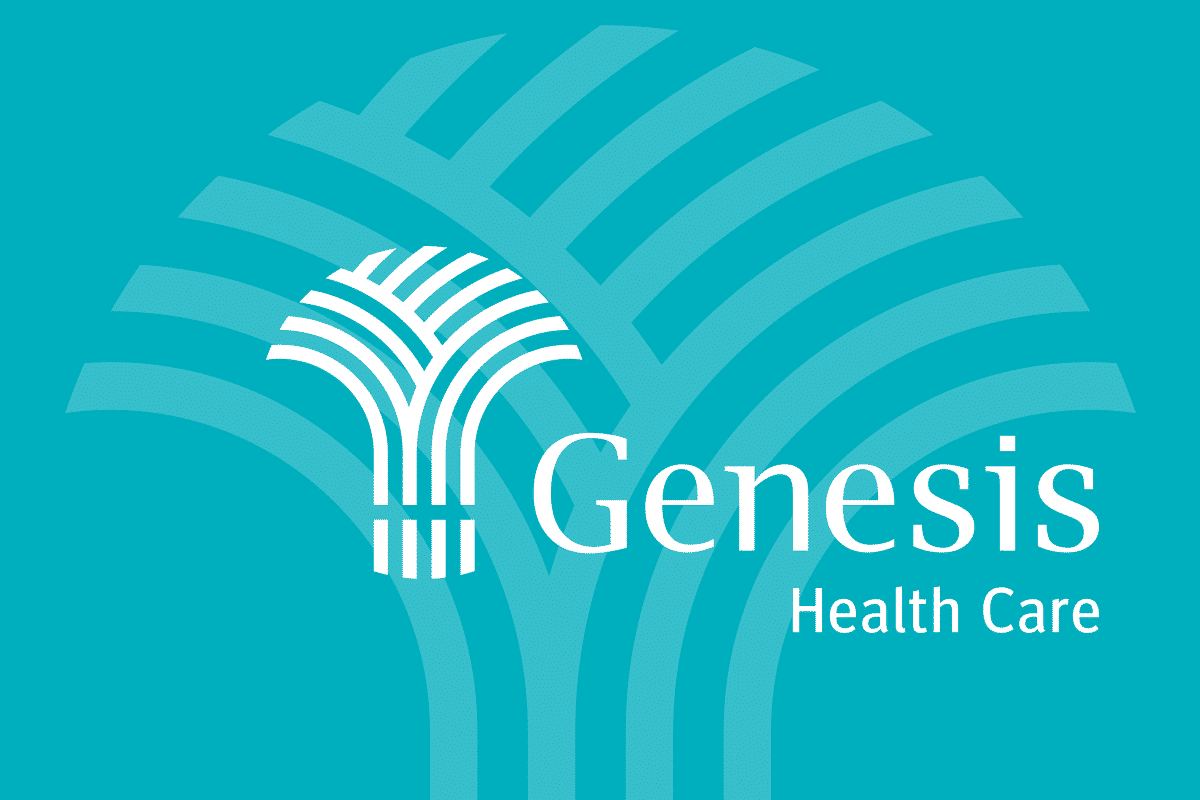 White Horizontal Genesis Healthcare logo with tree on watermark and blue background for new Marstudio Designed logo